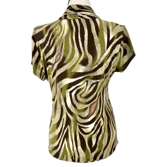 Dressbarn Blouse Womens XL Zebra Print Short Sleeve Made In USA Green Brown Gold - Picture 2 of 11
